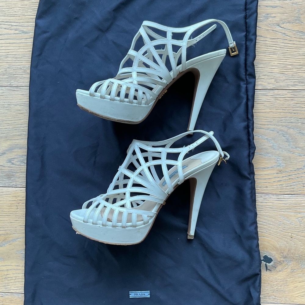 Strappy high heel Prada shoes for that perfect white-out party!